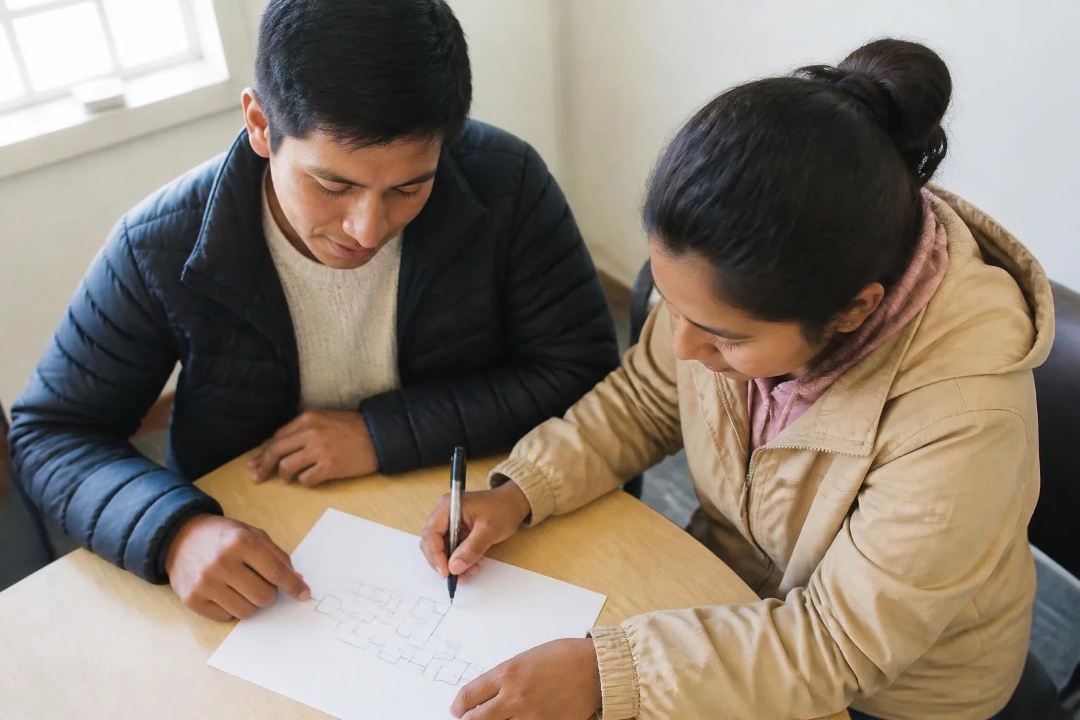 Vista cenital de un escritorio con un diagrama de lógica trazado a mano y un lapicero