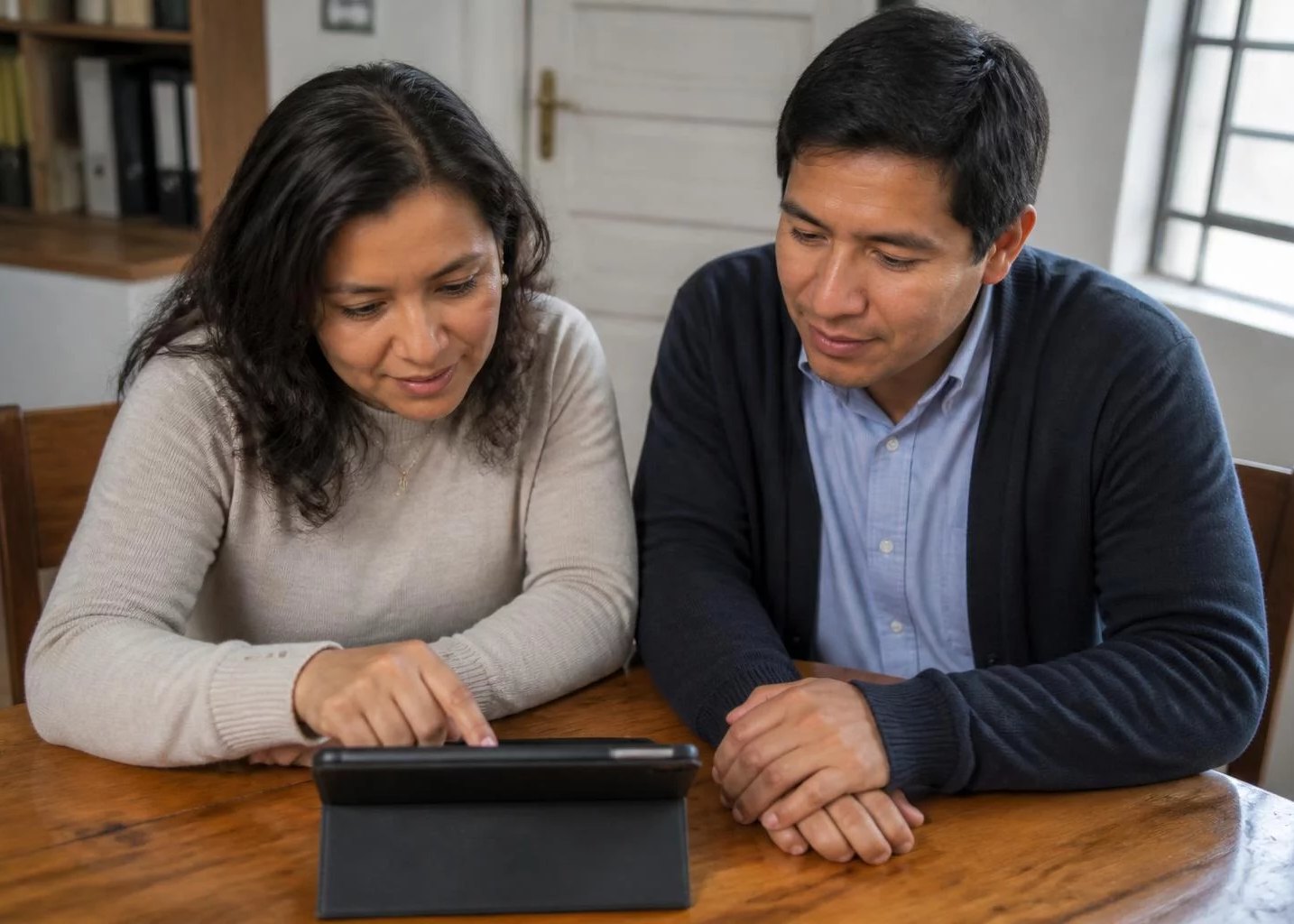 Dos colegas releyendo apuntes en una tablet apoyada en una mesa de madera