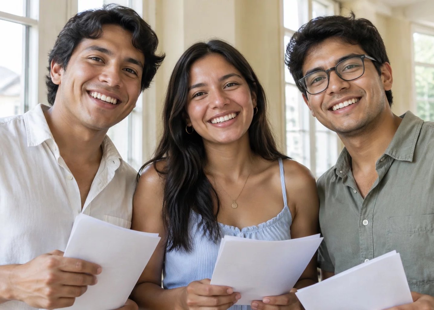 Tres adultos sonriendo al terminar una ronda, con las hojas en la mano