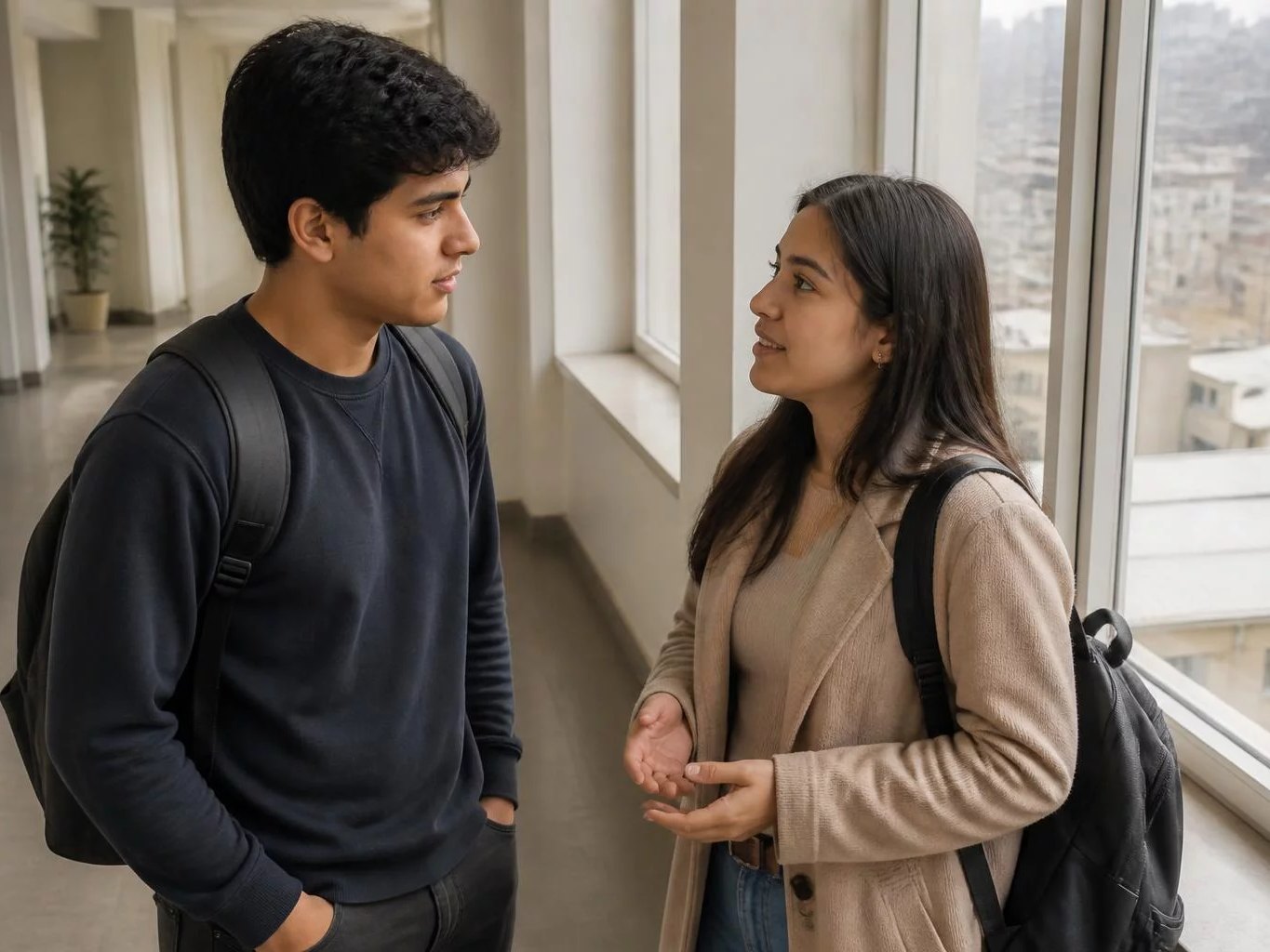 Dos estudiantes con mochila conversando en un pasillo universitario