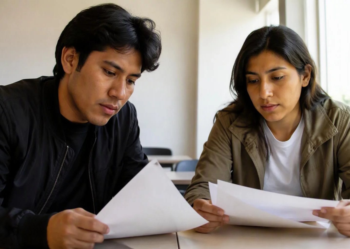 Dos personas leyendo hojas de argumento impresas en la mesa